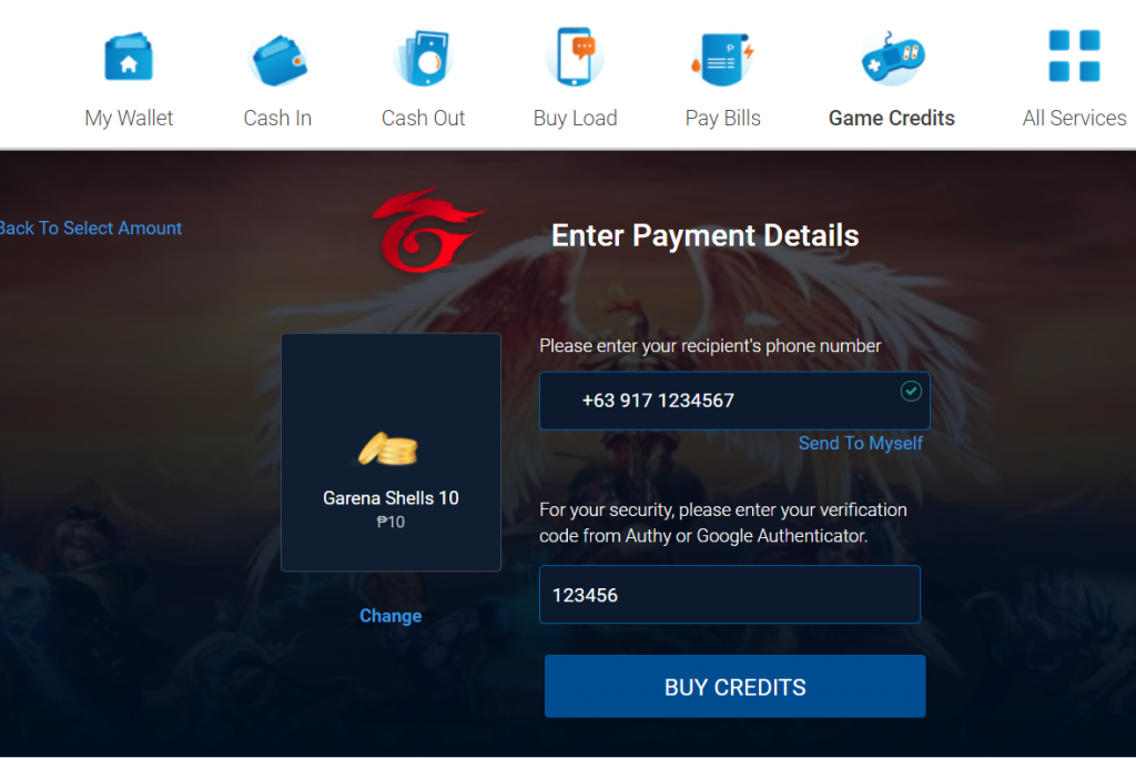 top up garena shells using globe load